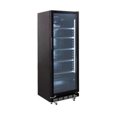 Flaschenkühlschrank in schwarz mit 237 Ltr. mieten, LED Beleuchtung, 140cm Höhe, auf Rollen