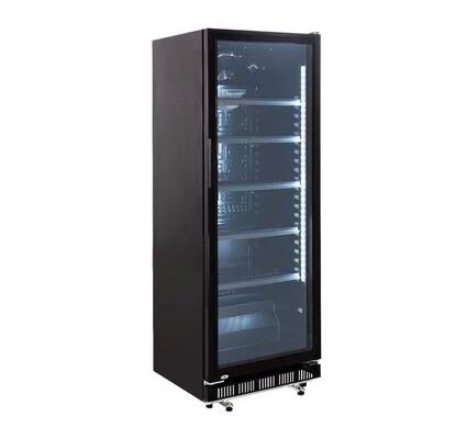 Flaschenkühlschrank in schwarz mit 237 Ltr. mieten, LED Beleuchtung, 140cm Höhe, auf Rollen